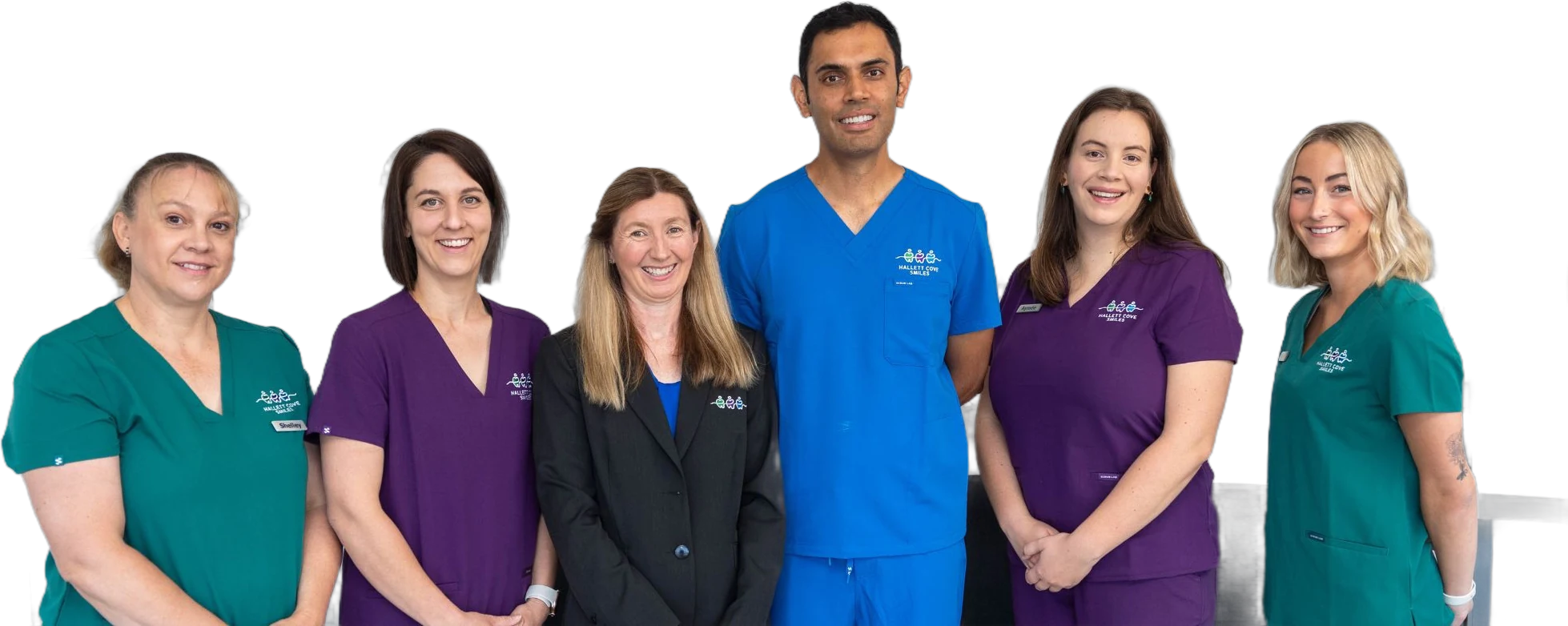 The six of us at Hallett Cove Smiles, left to right: Shelley, Carly, Kirsty, Dr Suaan, Aymee and Emily