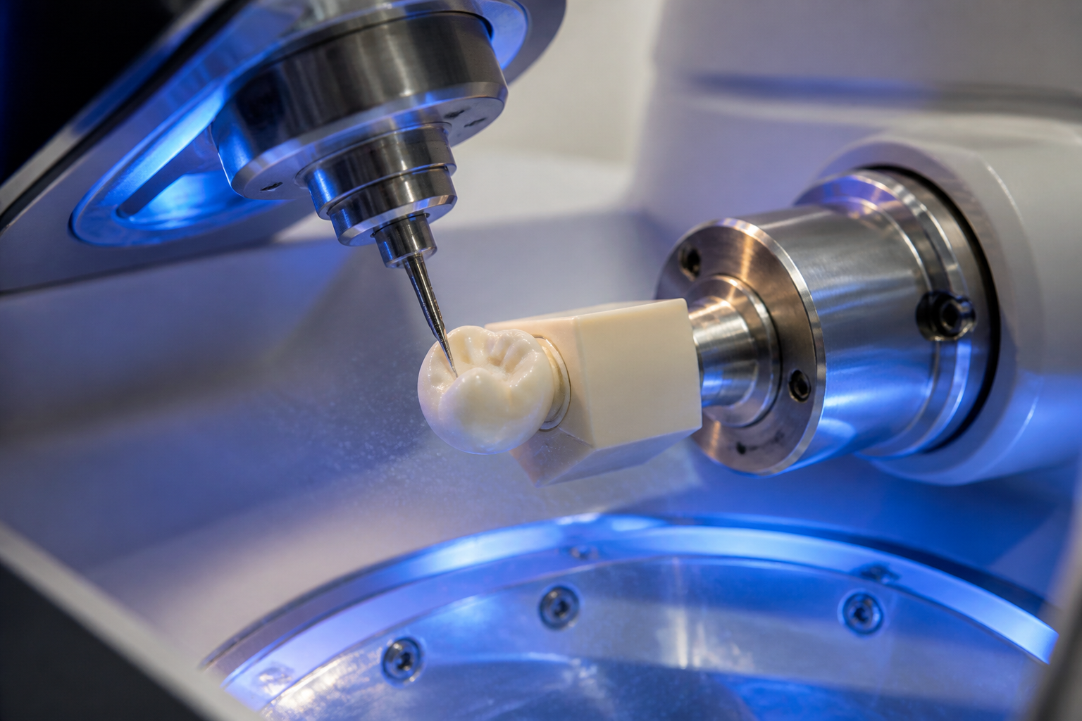 A ceramic crown being cut from a block by a milling machine