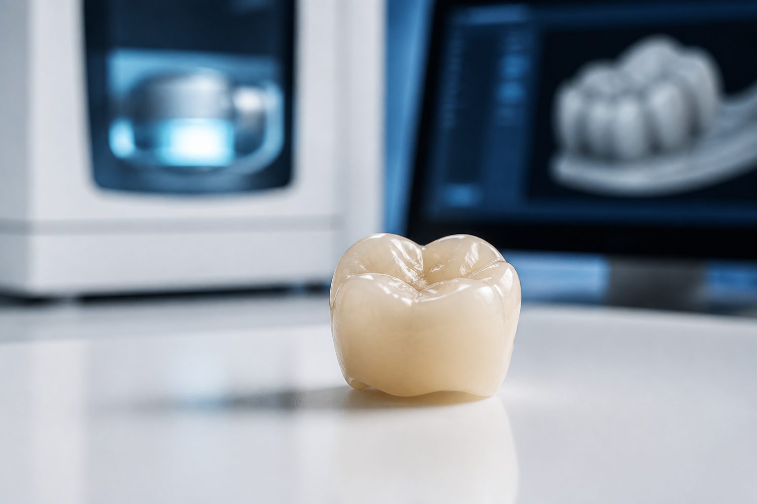A ceramic dental crown on a table, with a milling machine and a screen behind it