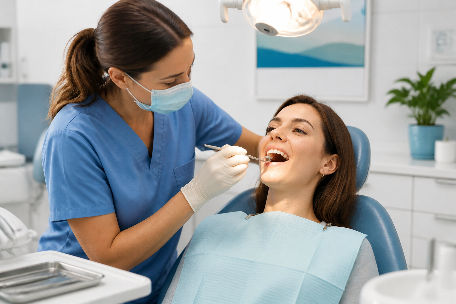 A dental check-up: a clinician looking at the teeth of a patient in a dental chair