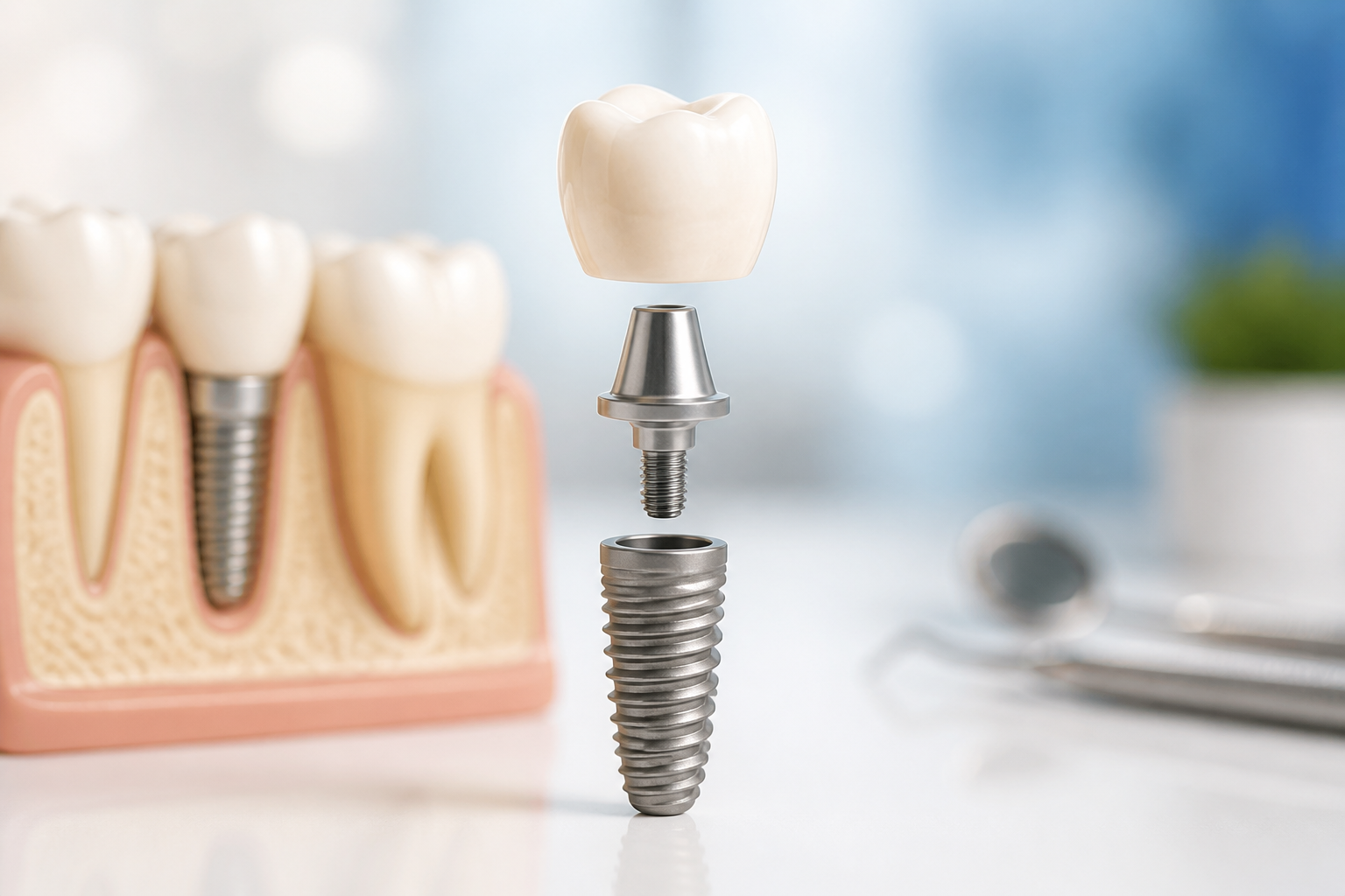 A dental implant shown in its parts: the post, the connector and the crown on top