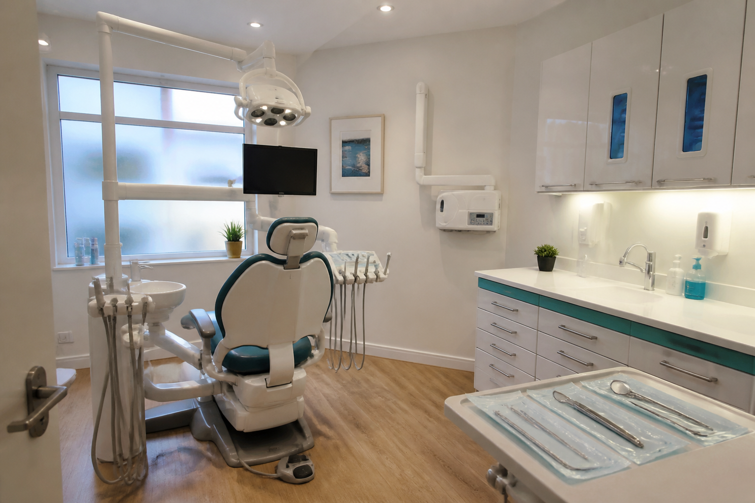 A dental treatment room with a chair, a light and a screen