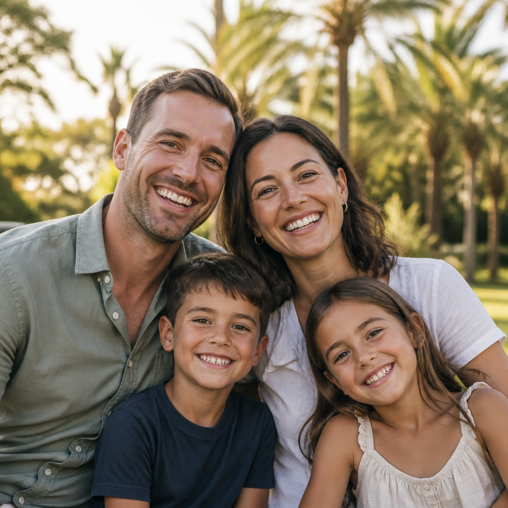 A family of four outdoors, smiling